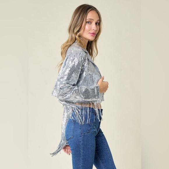 61B. Fringe Sequin Crop Jacket - Silver - Picture 4 of 4